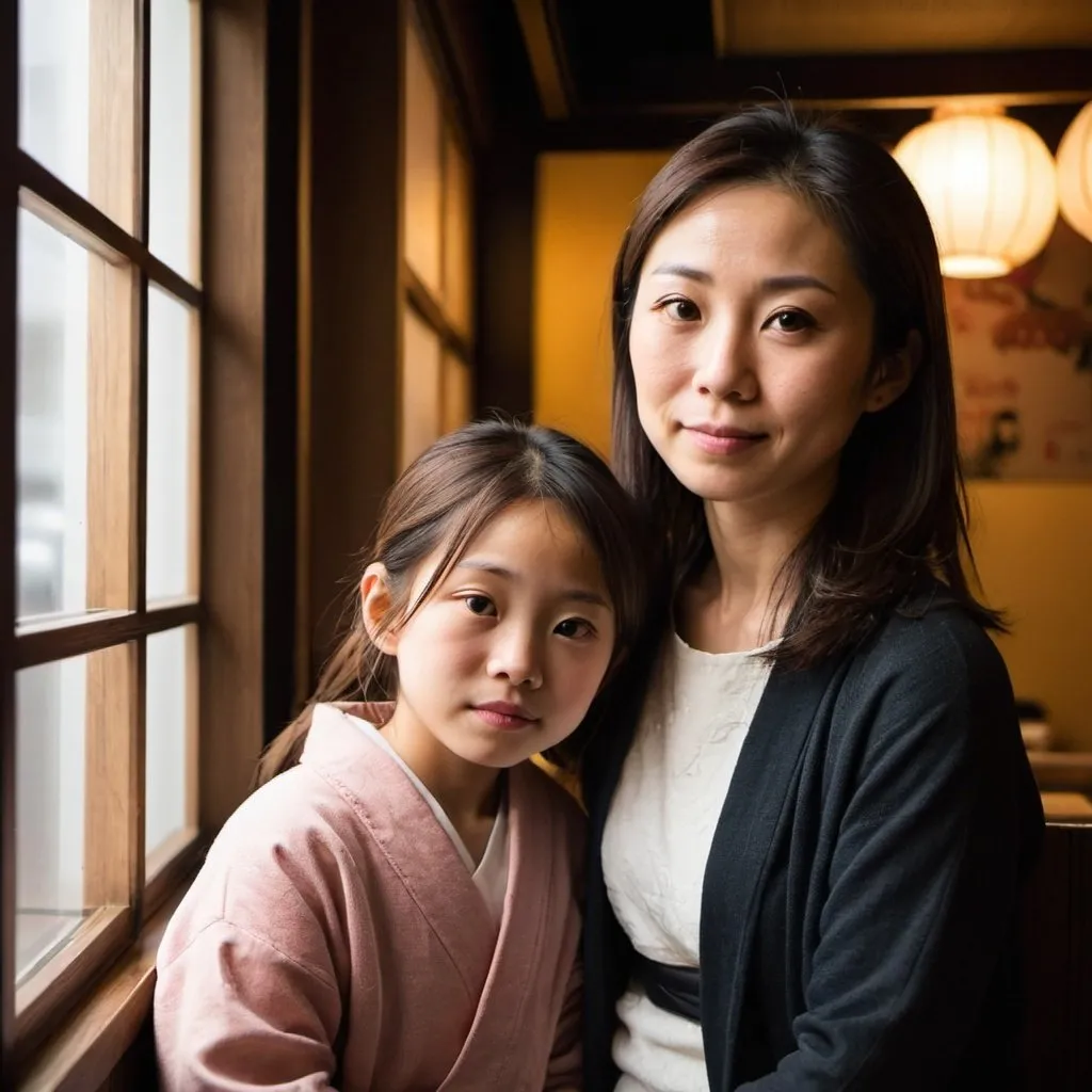 Prompt: Portrait of a Japanese woman with her 10 year old daughter, side lit next to a window in a ramen restaurant in tokyo