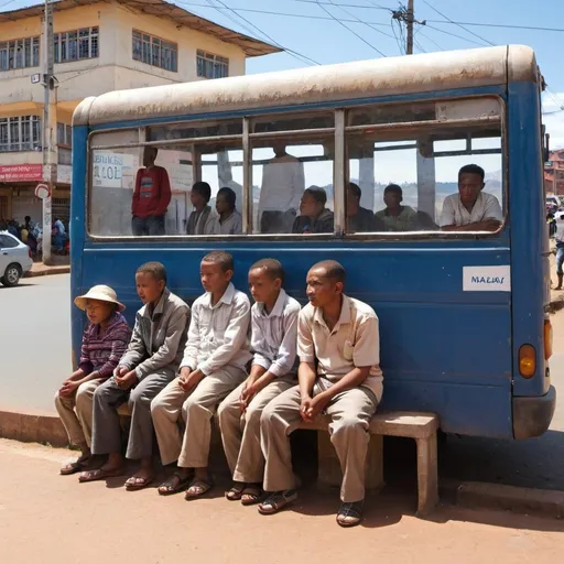 Prompt: Malagasy people waiting at a bus stop in Antananarivo