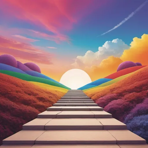 Prompt: pathway with three steps moving off into the future LOGO that is colorful with no text on the steps just colors into the sky
