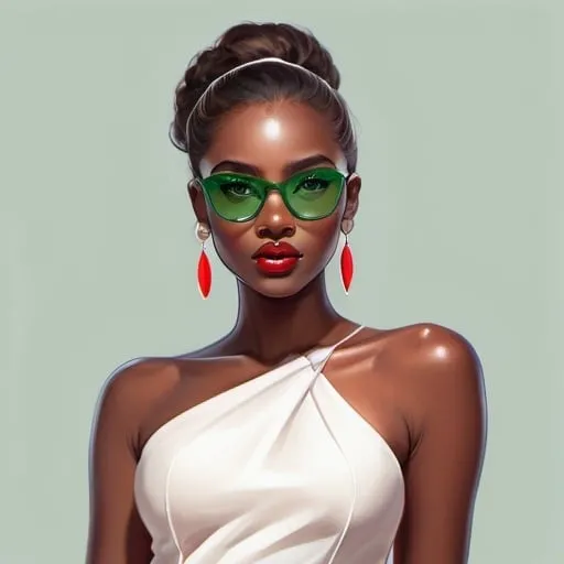 Prompt: Elegant INTP girl with green glasses, chic white dress, intelligent, high fashion, detailed facial features, high-res, realistic, elegant, fashion illustration, red tones, sophisticated lighting, stylish glasses, professional, chic attire, intelligent gaze dark skin