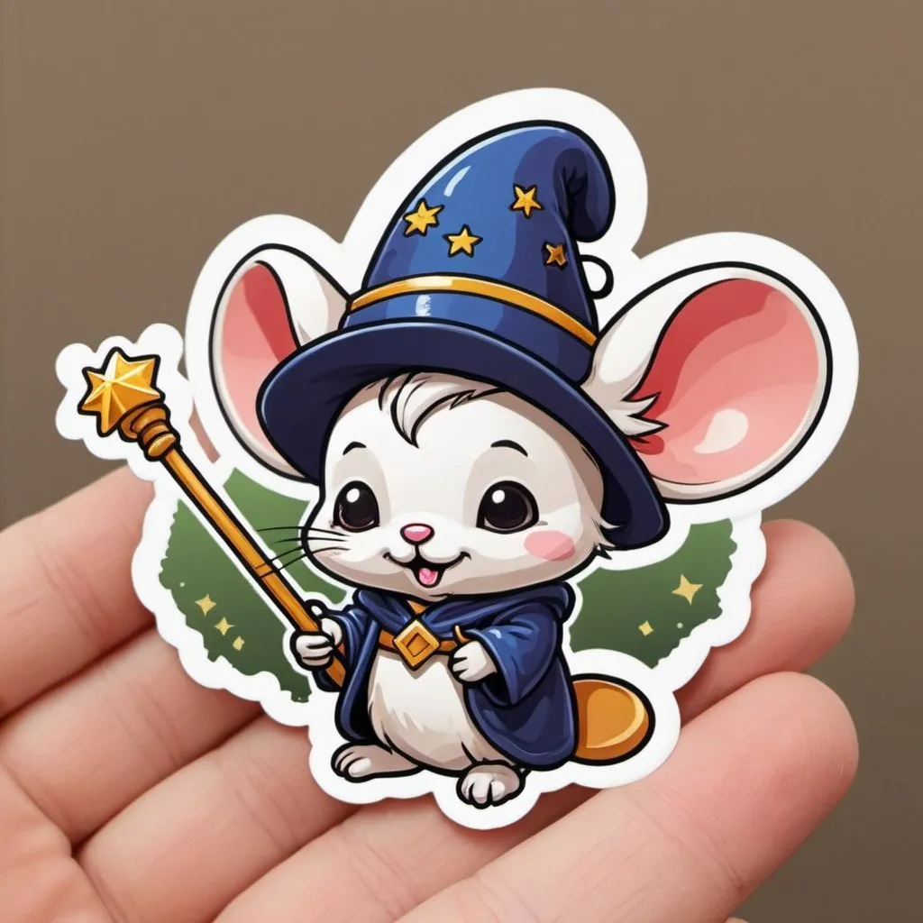 Prompt: Make a  sticker of a three-tone MagicMice with a cute wizzard cap
