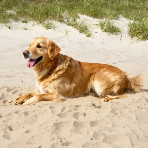 Prompt: golden retriever liegt im sand, im sand steht der name Lucy 
