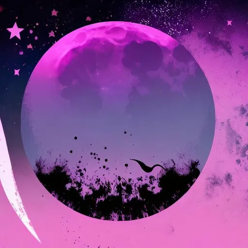 Prompt: A pink purple backround and a Moon with the text Moon on the Moon
