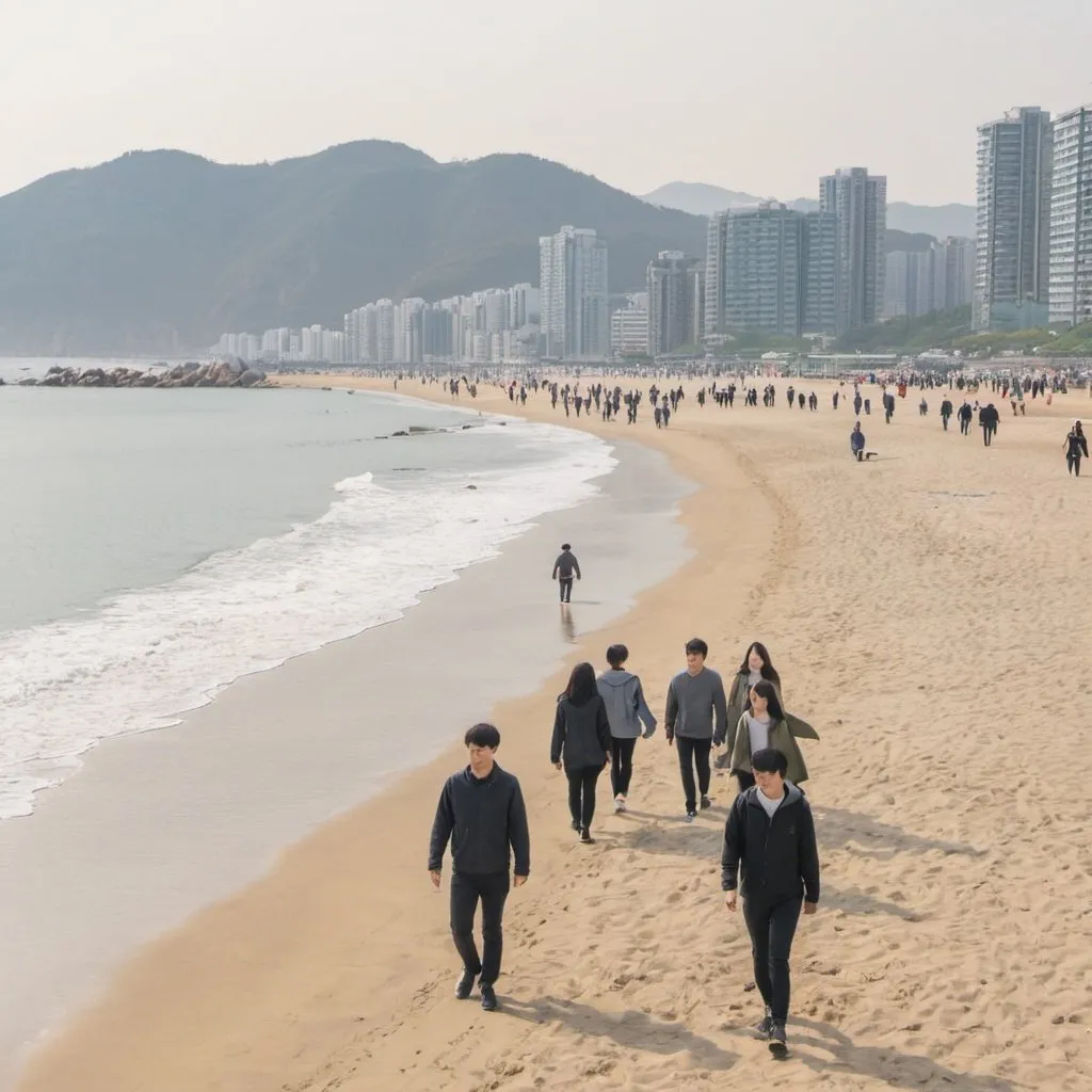 Prompt: a good mood with couples in Korea who are walking on the Busan Heanundae beach.