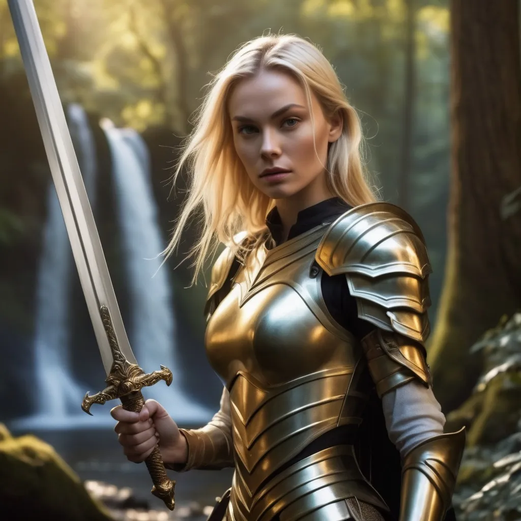 Prompt: Generate a cinematic image with a blonde woman, approximately 30 years old, wearing clothing that resembles superhero armor, fitted to the body. The main color of the outfit should be silver, with gold details. The woman holds a sword in her right hand; the sword has a blade with elven engravings along its entire length, and the edges of the blade are golden.

The background scene should be a forest landscape, with majestic trees, colorful flowers and, to the right of the image, an imposing waterfall. The scene's lighting should highlight the details of the blonde woman and the sword, while creating a magical atmosphere in the forest. Make sure the woman's pose, facial expression, and sword position convey a sense of heroism and determination.

Image resolution must be high to capture every detail, providing an immersive and stunning visual experience. The combination of the woman, the clothes, the sword and the scenery must create a visually striking and coherent composition.