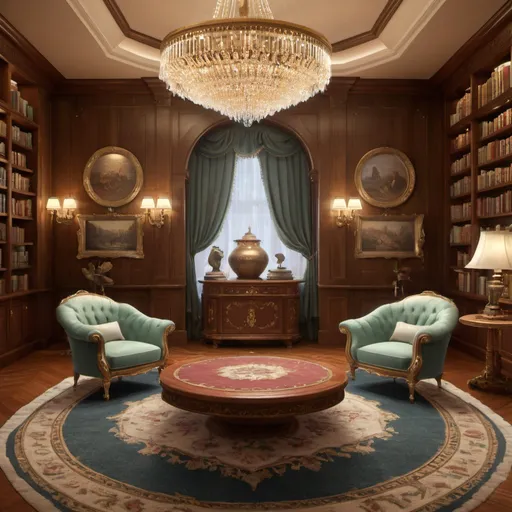 Prompt: Generate an extraordinarily detailed image of a spacious and elegant room. At the bottom of the scene, visualize several luxurious armchairs arranged in an inviting manner, accompanied by strategically placed small round tables. On the floor, highlight a Persian rug, adding a layer of sophistication to the atmosphere.In the background, project a glass shelf decorated with antique and precious objects, each carefully placed to convey a sense of history and culture.

In the center of the room, create a focal point with a large, imposing chandelier, filled with crystals that reflect the light, elegantly illuminating the space. Design a majestic staircase that leads to an upper floor, completely surrounded by meticulously organized book shelves. A smaller staircase, attached to an elegant handrail, provides access to the highest parts of the bookshelf, revealing an environment that exudes knowledge and wisdom.

Make sure the lighting is balanced, highlighting the intricate details of the decor, the contours of the seats, and the textures of the rug. The color palette must be rich and harmonious, reflecting the sophistication of the environment. The final image should convey a sense of luxury, intellect and a welcoming atmosphere, inviting the viewer to explore every detail of the room