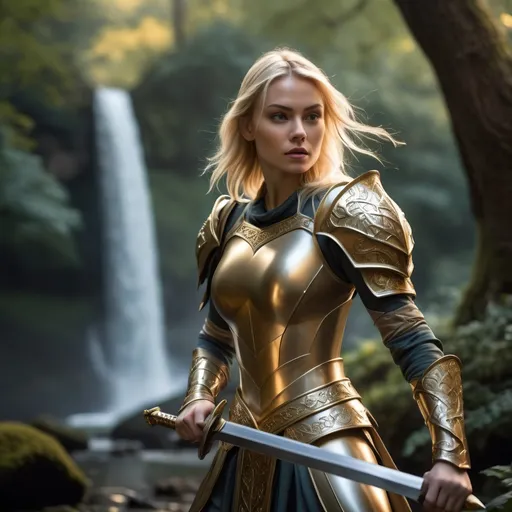 Prompt: Generate a cinematic image with a blonde woman, approximately 30 years old, wearing clothing that resembles superhero armor, fitted to the body. The main color of the outfit should be silver, with gold details. The woman holds a sword in her right hand; the sword has a blade with elven engravings along its entire length, and the edges of the blade are golden.

The background scene should be a forest landscape, with majestic trees, colorful flowers and, to the right of the image, an imposing waterfall. The scene's lighting should highlight the details of the blonde woman and the sword, while creating a magical atmosphere in the forest. Make sure the woman's pose, facial expression, and sword position convey a sense of heroism and determination.

Image resolution must be high to capture every detail, providing an immersive and stunning visual experience. The combination of the woman, the clothes, the sword and the scenery must create a visually striking and coherent composition.