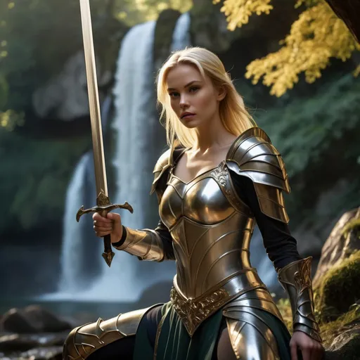 Prompt: Generate a cinematic image with a blonde woman, approximately 30 years old, wearing clothing that resembles superhero armor, fitted to the body. The main color of the outfit should be silver, with gold details. The woman holds a sword in her right hand; the sword has a blade with elven engravings along its entire length, and the edges of the blade are golden.

The background scene should be a forest landscape, with majestic trees, colorful flowers and, to the right of the image, an imposing waterfall. The scene's lighting should highlight the details of the blonde woman and the sword, while creating a magical atmosphere in the forest. Make sure the woman's pose, facial expression, and sword position convey a sense of heroism and determination.

Image resolution must be high to capture every detail, providing an immersive and stunning visual experience. The combination of the woman, the clothes, the sword and the scenery must create a visually striking and coherent composition.