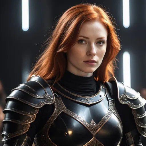 Prompt: 
a beautiful woman, redhead, with clothes that look like black armor with doctored details, in the background lights as if they were rays of the sun surround the entire character
