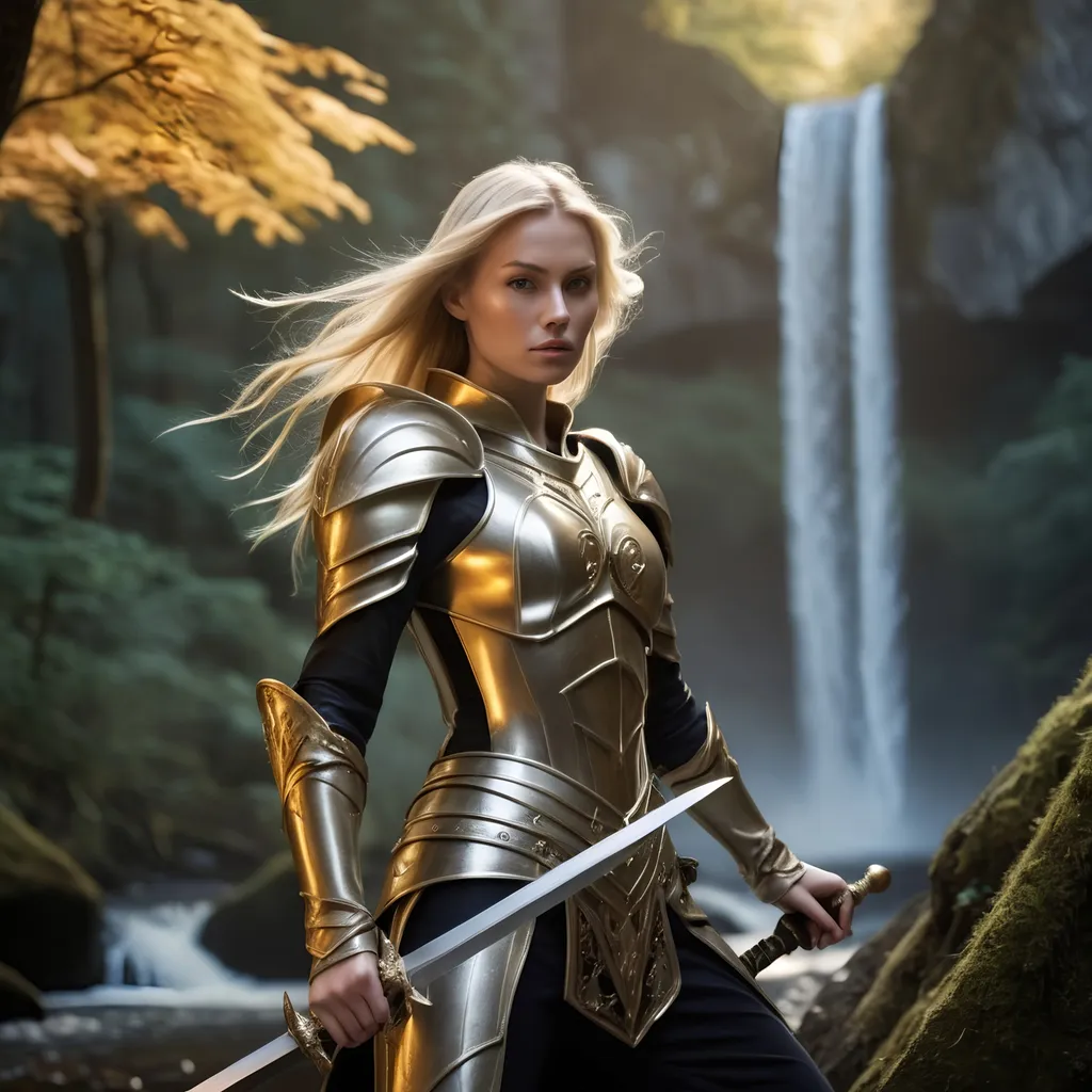 Prompt: Generate a cinematic image with a blonde woman, approximately 30 years old, wearing clothing that resembles superhero armor, fitted to the body. The main color of the outfit should be silver, with gold details. The woman holds a sword in her right hand; the sword has a blade with elven engravings along its entire length, and the edges of the blade are golden.

The background scene should be a forest landscape, with majestic trees, colorful flowers and, to the right of the image, an imposing waterfall. The scene's lighting should highlight the details of the blonde woman and the sword, while creating a magical atmosphere in the forest. Make sure the woman's pose, facial expression, and sword position convey a sense of heroism and determination.

Image resolution must be high to capture every detail, providing an immersive and stunning visual experience. The combination of the woman, the clothes, the sword and the scenery must create a visually striking and coherent composition.