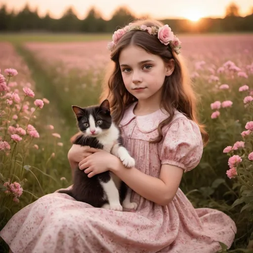 Prompt: a girl named evelyn in a beatiful vintage dress in a flower feild with a pink sunset, the girl has brown hair and has a cute kitten in her lap. She has another twin next to her.

