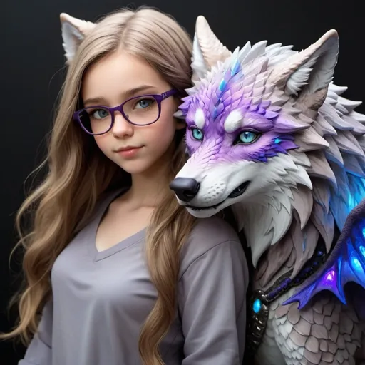 Prompt: a beatiful girl with light brown hair and glasses. she has a wolf dragon with her that has purple iridesant purple wings and blue lighting crackling throughout is fur is a grey wolf with a scaley tail and legs the rest of its body is fur that is grey. 