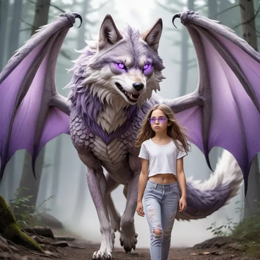 Prompt: a light brown haired 11 year old girl with light purple and grey glasses in a crop top with white ripped jeans. she is looking back while walking up to a wolf dragon hybrid that has a venomous tail and huge purple wings it is a grey wolf and its a huge creature 5 times the size of the girl and the creature is beatiful