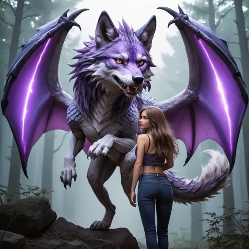 Prompt: a light brown haired girl in a crop top and jeans with a wolf dragon hybrid and the girl is on its back while they are flying at night with purple lightning and the wolf dragon has a venomous barb at the end of its tail and has huge iridescent purple wings it is a grey fured  wolf