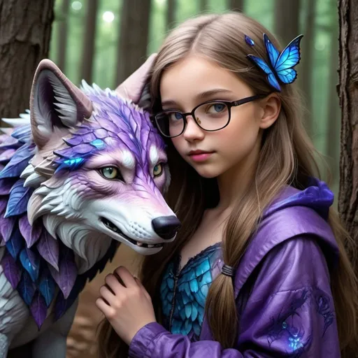 Prompt: a beatiful girl with light brown hair and glasses. she has a wolf dragon with her that has purple iridesant purple wings and blue lighting crackling throughout is fur is a grey wolf with a scaley tail and legs the rest of its body is fur that is grey.  they are in a forest with lightining in a purple enchanted forest