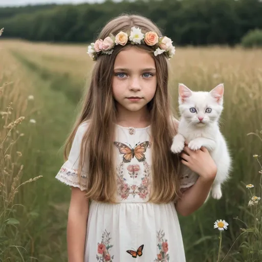 Prompt: a ten year old girl in a field with long hair and she is  wearing a vintage dress and she is the prettiest girl in the universe and she has a flower crown and butterfly's all around her. a white small kitten and another girl that is her twin sister but her twin has shorter hair and its a little reder, are behind her 