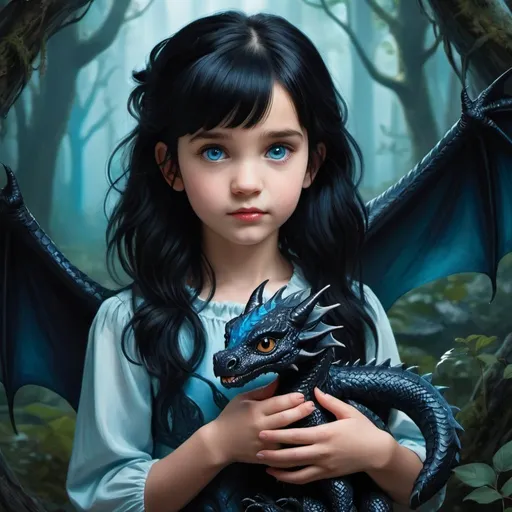 Prompt: a girl with black hair hair holding  a baby black dragon with slight blue  details in a enchanted Forest 
