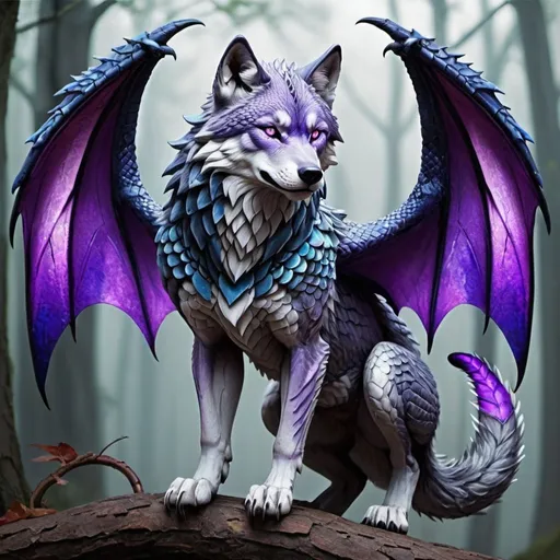 Prompt: a wolf with dragon wings with a dragon tail with a viper poisin tail that is elegant and beautiful that has blue lightning that riples through its fur and its a grey timber wolf with purple eyes and fur that fades into dragon scales at its paws with iredesent purple wings and a poisin viper tail with purple scales like a sandwings in wings of fire just purple scales that is menacing yet still sweet and has a viper tail that has dragon wings 
a GREY TIMBER WOLF NOT WHITE OR BLACK  viper tail viper tail viper tail with black venom VENOMUOS
