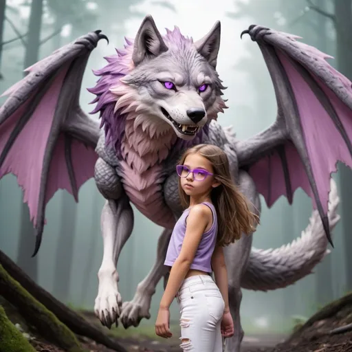 Prompt: a light brown haired 11 year old girl with light pink and grey glasses in a crop top with white ripped jeans. she is looking back while walking up to a wolf dragon hybrid that has a venomous tail and huge purple wings it is a grey wolf and its a huge creature 5 times the size of the girl and the creature is beatiful