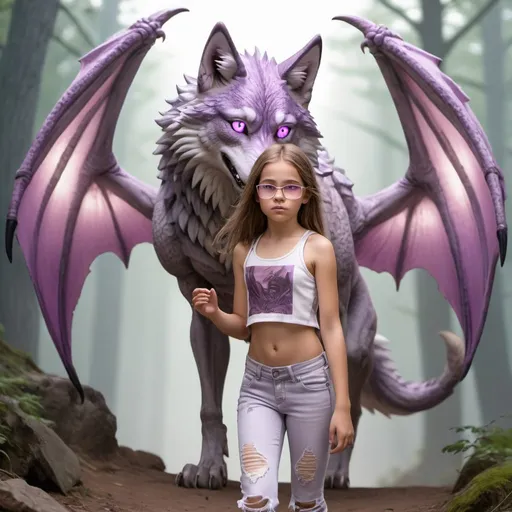 Prompt: a light brown haired 11 year old girl with light pink and grey reading  glasses in a crop top with white ripped jeans. she is looking back while walking up to a wolf dragon hybrid that has a venomous tail and huge purple wings it is a grey wolf and its a huge creature 5 times the size of the girl and the creature is beatiful and they are in a purple crystal cave