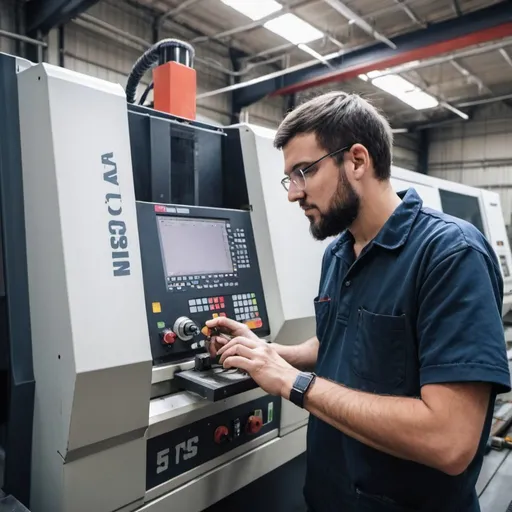 Prompt: CNC Machining Operator interacting with the CNC Machine in a manufacturing factory