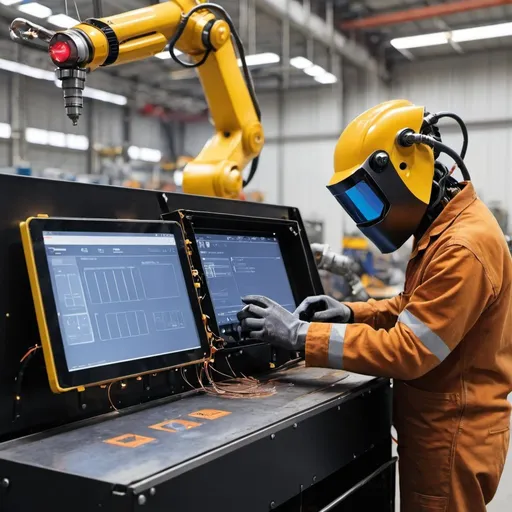 Prompt: Robotic welder and digital dashboard with a worker interacting with the dashboard in a manufacturing facility