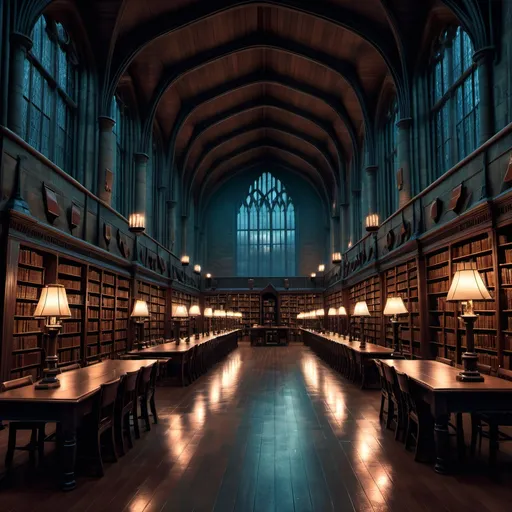 Prompt: Hogwarts library on a dark, stormy night. There is a warm, yet eerie glow illuminating the room via the lamps on the tables.