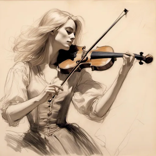 Prompt: <mymodel> pencil-sketch of a woman bard with long blonde hair in a bob, playing a violin, wearing light leather armour,a stunning Donato Giancola masterpiece in artstyle by Anders Zorn and Joseph Christian Leyendecker 