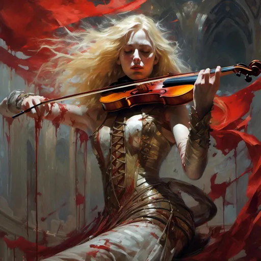 Prompt: <mymodel> A bloodied woman bard with long blonde hair in a bob, playing a violin, wearing light leather armour,a stunning Donato Giancola masterpiece in artstyle by Anders Zorn and Joseph Christian Leyendecker ,neat and clear tangents full of negative space,ominous dramatic lighting with detailed shadows and highlights enhancing depth of perspective and 3D volumetric drawing,colorful vibrant painting in HDR with shiny shimmering reflection