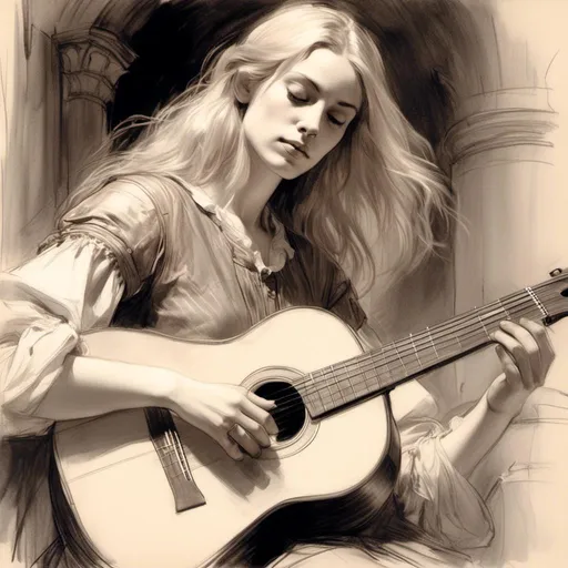 Prompt: <mymodel> pencil-sketch of a woman bard with long blonde hair in a bob, playing a lute, wearing light leather armour,a stunning Donato Giancola masterpiece in artstyle by Anders Zorn and Joseph Christian Leyendecker 