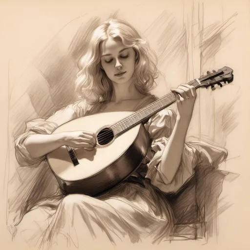 Prompt: <mymodel> pencil-sketch of a woman bard with long blonde hair in a bob, playing a lute, wearing light leather armour,a stunning Donato Giancola masterpiece in artstyle by Anders Zorn and Joseph Christian Leyendecker 