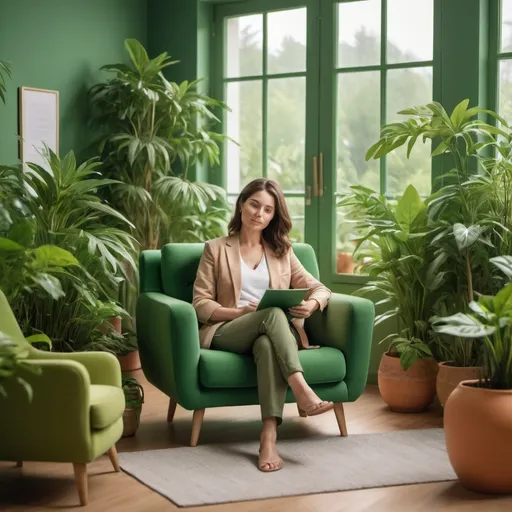 Prompt: "A warm, inviting scene for a psychologist's website depicting individual psychotherapy. A woman sits in a green armchair, The environment is filled with lush green plants, creating a friendly and cozy atmosphere with warm, welcoming colors.",photorealystic

"size": "1024x1024"
