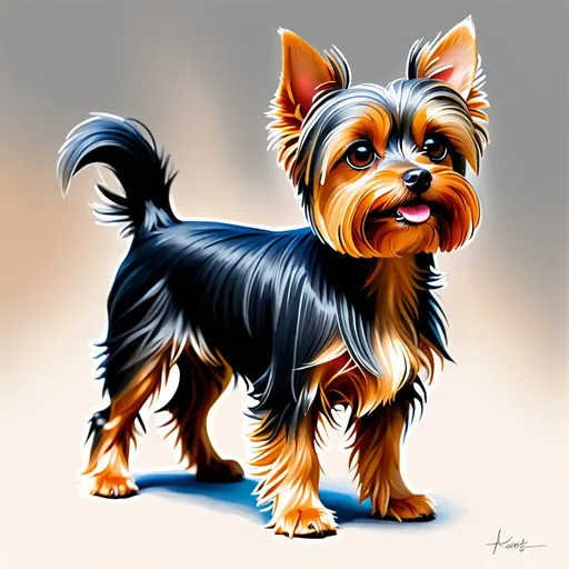 Prompt: Small Yorkshire terrier in conte crayon sketch, standing tall and looking into distance, bright colors