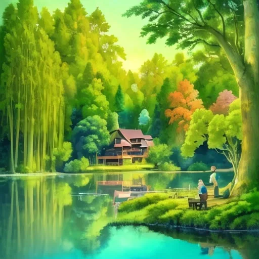 Prompt: Giant weeping willow on an island in a serene lake, family fishing on the dock, majestic forest, highres, detailed, realistic, traditional painting, peaceful, natural lighting, vibrant greenery, tranquil setting, serene atmosphere