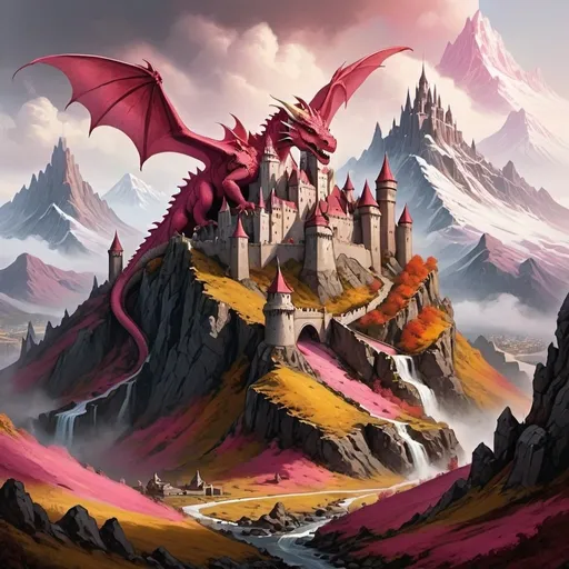 Prompt: A Large Mountain with a red yellow pink, and white castle with a medieval fantasy city at the base of the large mountain with a dragon