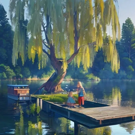 Prompt: Giant weeping willow on an island in a serene lake, family fishing on the dock, majestic forest, highres, detailed, realistic, traditional painting, peaceful, natural lighting, vibrant greenery, tranquil setting, serene atmosphere