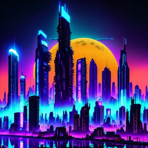 Prompt: Cyberpunk city skyline at night, no moon, futuristic skyscrapers, neon lights, highrise buildings, dark and gritty, cool-toned lighting, dystopian atmosphere, high contrast, detailed cityscape, best quality, 4k, ultra-detailed, cyberpunk, futuristic, noir, cool tones, atmospheric lighting