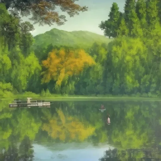 Prompt: Giant weeping willow on an island in a serene lake, family fishing on the dock, majestic forest, highres, detailed, realistic, traditional painting, peaceful, natural lighting, vibrant greenery, tranquil setting, serene atmosphere