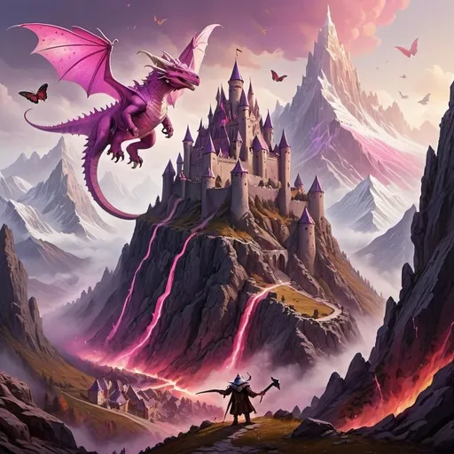 Prompt: A Large Mountain with a red yellow pink, and white castle with a medieval fantasy city at the base of the large mountain with stuff like dragons, butterflies with fur, mammoth tusks, cyclopses, a gray block with 1 eye on each side, with glowing magical purple lines surrounding each eye, a wizard who is blurry, a Viking with a battle axe, and an old man juting out from the sides