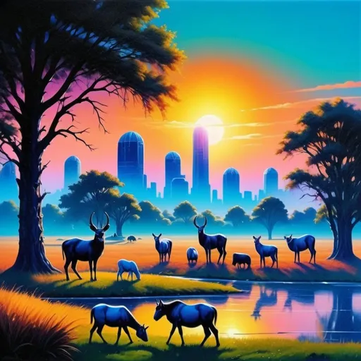 Prompt: Plains with animals and trees, oil painting, realistic details, vibrant colors, serene atmosphere, high quality, traditional painting, wildlife, natural beauty, lush greenery, peaceful setting, detailed animals, scenic landscape, realistic textures, subtle sunlight, tranquil, pastoral, vibrant colors, realistic wildlife, serene lighting