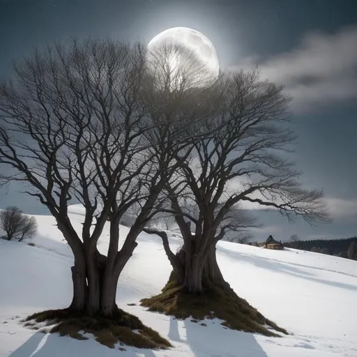 Prompt: Moonlit night landscape with two majestic trees on hills, detailed moonlight reflections, serene atmosphere, high quality, realistic, traditional art style, cool tones, detailed trees, moonlit glow, tranquil setting, atmospheric lighting, serene, traditional, detailed, moonlit night, landscape, two trees, hills, realistic