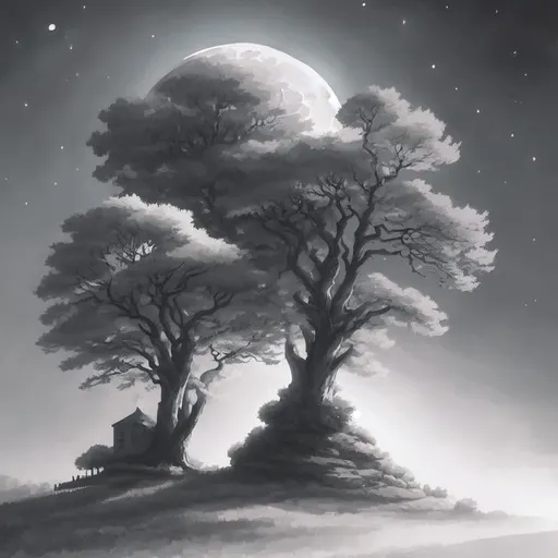 Prompt: Moonlit night landscape with two majestic trees on hills, detailed moonlight reflections, serene atmosphere, high quality, realistic, traditional art style, cool tones, detailed trees, moonlit glow, tranquil setting, atmospheric lighting, serene, traditional, detailed, moonlit night, landscape, two trees, hills, realistic