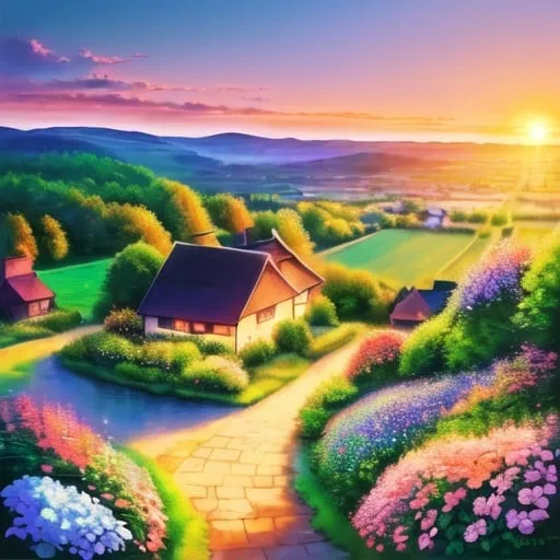 Prompt: Beautiful sunset over flowery fields, small cottage by the lake, vibrant colors, high quality, oil painting, peaceful, warm tones, detailed flowers, cozy cottage, serene atmosphere, sun setting over the horizon, idyllic scene, artistic, tranquil lighting