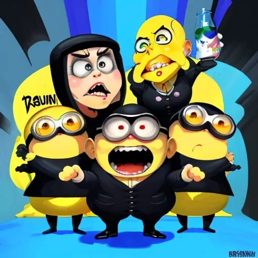 Prompt: Gru commanding minions to drink bleach, digital art, comical expressions, cartoonish style, vibrant and contrasting colors, exaggerated gestures, humorous composition, high quality, cartoon, humorous, vibrant colors, exaggerated, comical expressions, funny composition