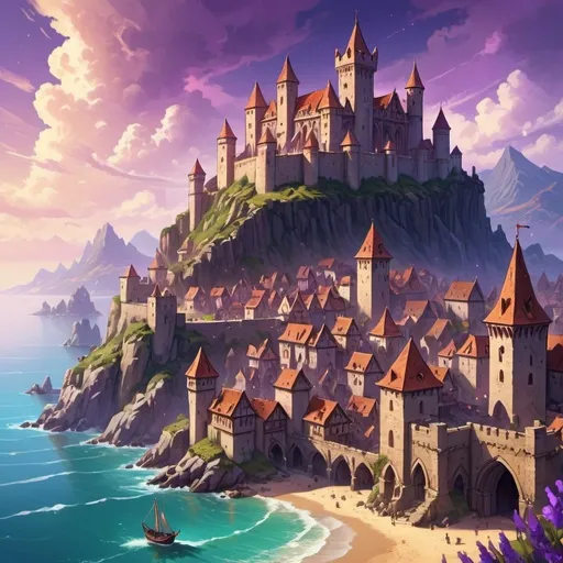 Prompt: Large Medieval city by the sea, mountains with towering amethyst crystals, detailed architecture, vibrant colors, scenic ocean view, ancient fortress, mystical atmosphere, high quality, fantasy, vibrant colors, sea breeze, dramatic lighting, game-zelda style, ancient fortress, amethyst crystals, ocean view, medieval city, detailed architecture, vibrant colors, sea breeze, dramatic lighting, fantasy, mystical atmosphere, high quality
