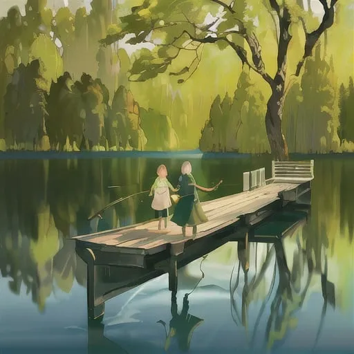 Prompt: Giant weeping willow on an island in a serene lake, family fishing on the dock, majestic forest, highres, detailed, realistic, traditional painting, peaceful, natural lighting, vibrant greenery, tranquil setting, serene atmosphere