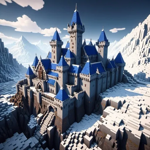 Prompt: Castle made of stone, blue roofs, supernatural mountain, snowy tundra, 4 icy peaks, medieval snowy city, game-Minecraft style, detailed textures, snowy landscapes, mystical atmosphere, high quality, vibrant colors, blocky style, atmospheric lighting