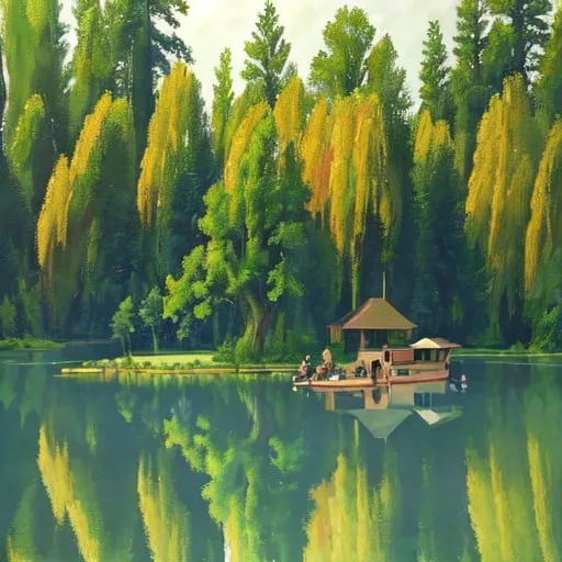 Prompt: Giant weeping willow on an island in a serene lake, family fishing on the dock, majestic forest, highres, detailed, realistic, traditional painting, peaceful, natural lighting, vibrant greenery, tranquil setting, serene atmosphere