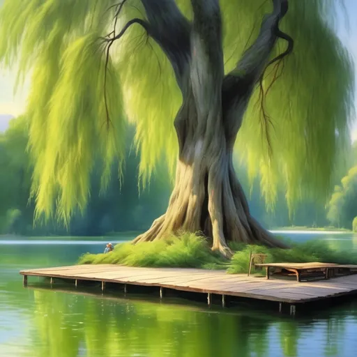 Prompt: Giant weeping willow on an island in a serene lake, family fishing on the dock, majestic forest, highres, detailed, realistic, traditional painting, peaceful, natural lighting, vibrant greenery, tranquil setting, serene atmosphere