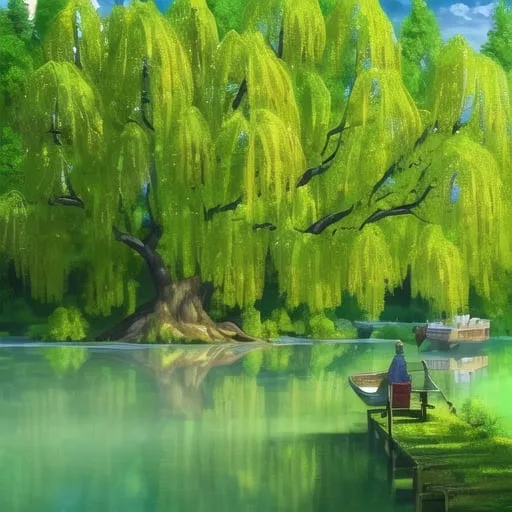 Prompt: Giant weeping willow on an island in a serene lake, family fishing on the dock, majestic forest, highres, detailed, realistic, traditional painting, peaceful, natural lighting, vibrant greenery, tranquil setting, serene atmosphere